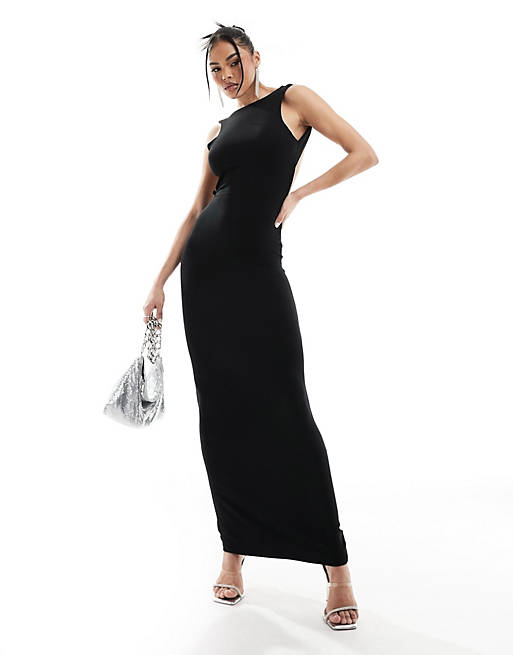 ASOS DESIGN sleeveless midi dress with trim strap back detail in black ...