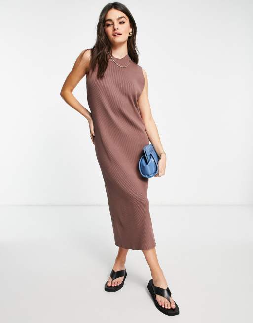 ASOS DESIGN sleeveless midi rib dress in brown