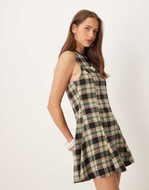 ASOS DESIGN sleeveless mini dress with box pleats in black and tan check - view 1