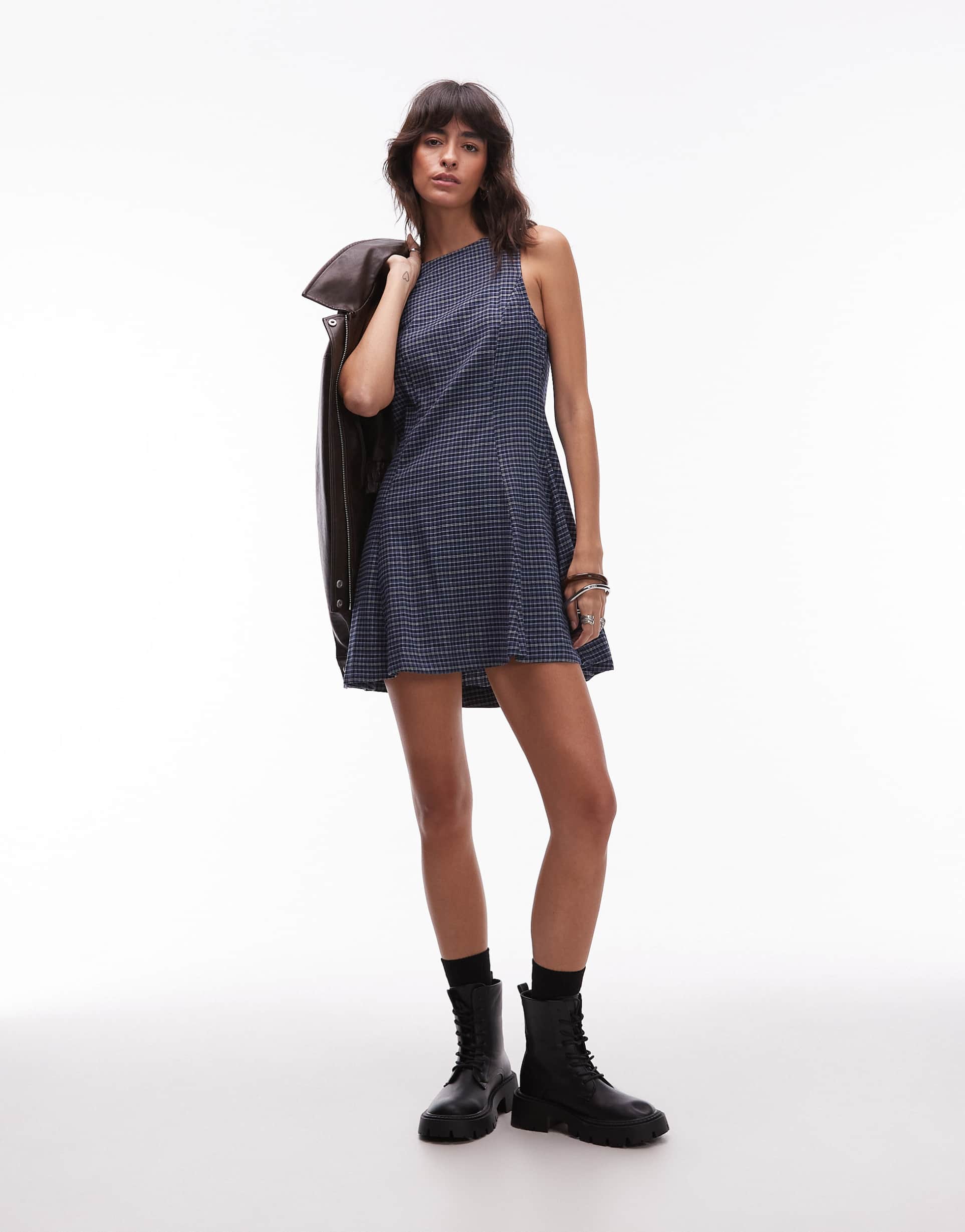 asos design sleeveless mini dress with box pleats in deep navy plaid