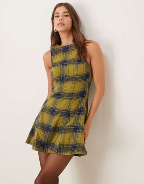 ASOS DESIGN sleeveless mini dress with box pleats in green check - view 1