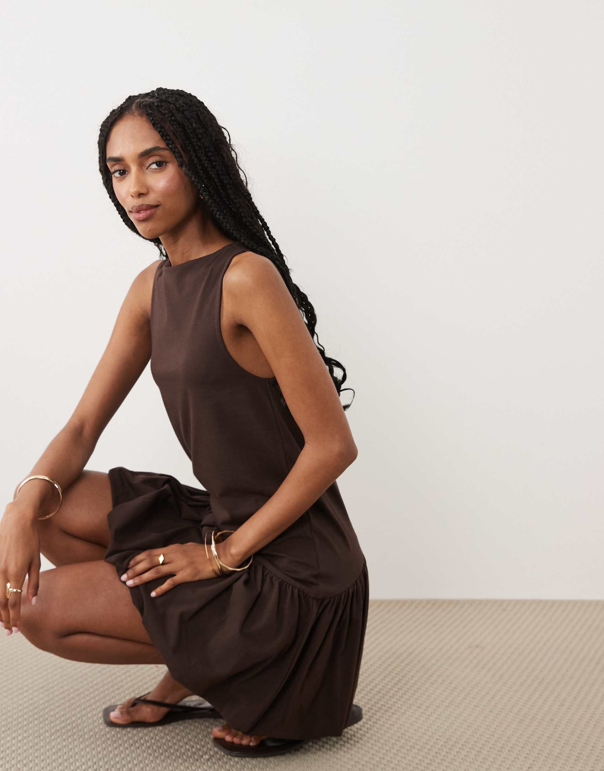 asos design sleeveless mini dress with bubble hem in chocolate