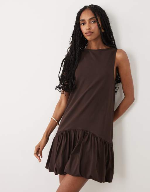 ASOS DESIGN sleeveless mini dress with bubble hem in chocolate, 2 of 4