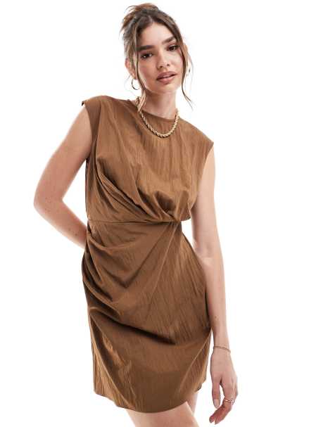 ASOS DESIGN sleeveless mini dress with drape detailing in brown - view 1