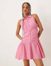 Miss Selfridge drop waist denim mini dress in mid wash