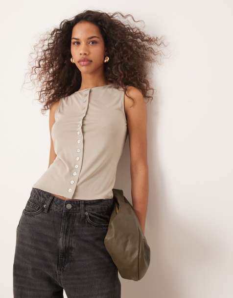 ASOS DESIGN sleeveless modal button tank in stone - view 1