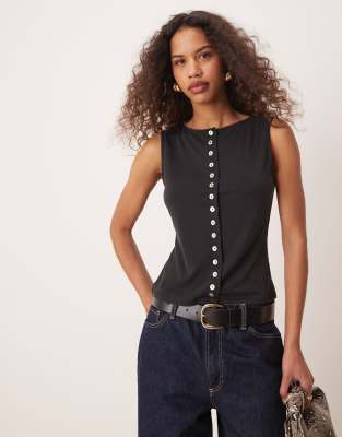 sleeveless modal button up tank top in black