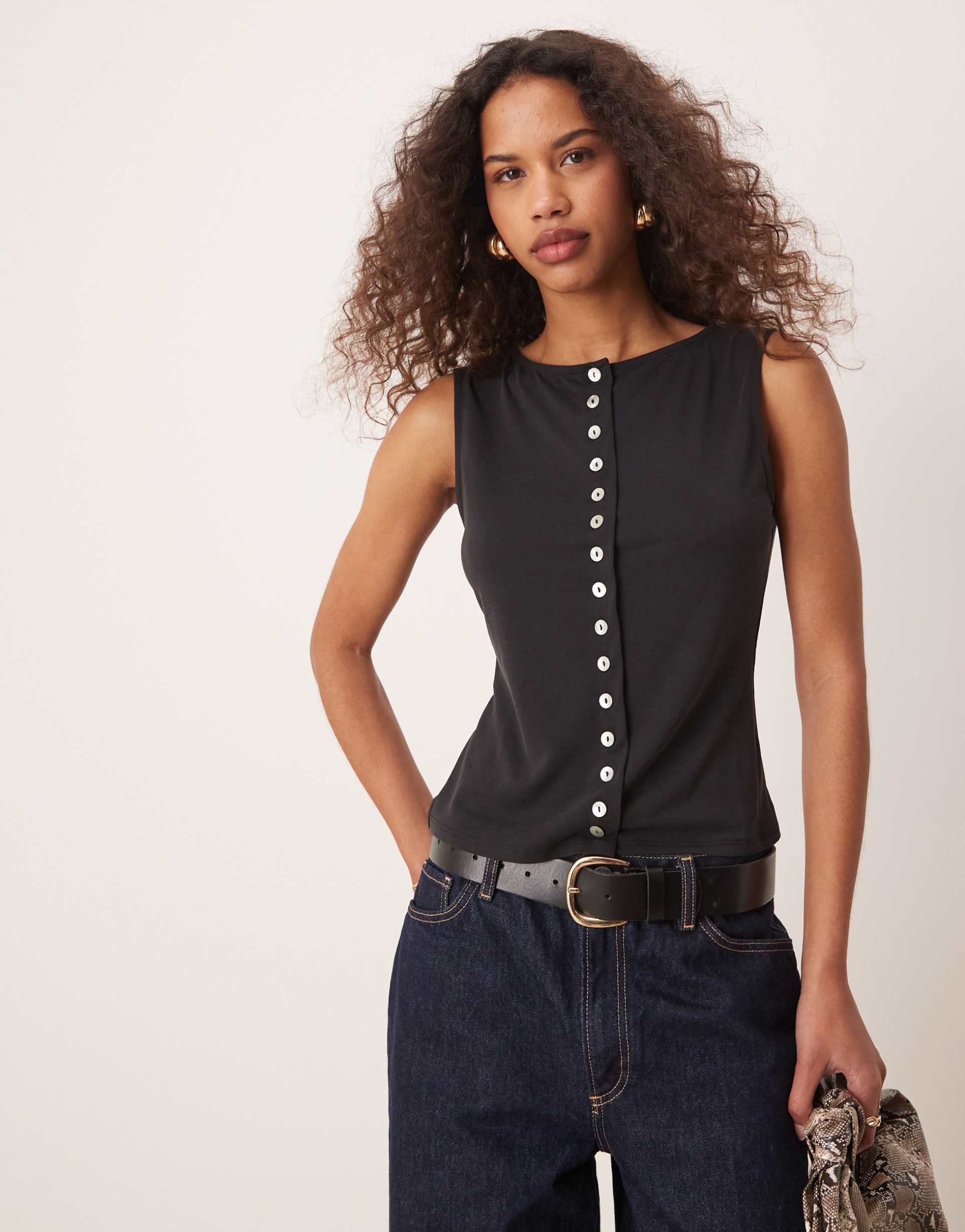 asos design sleeveless modal button up tank top in black