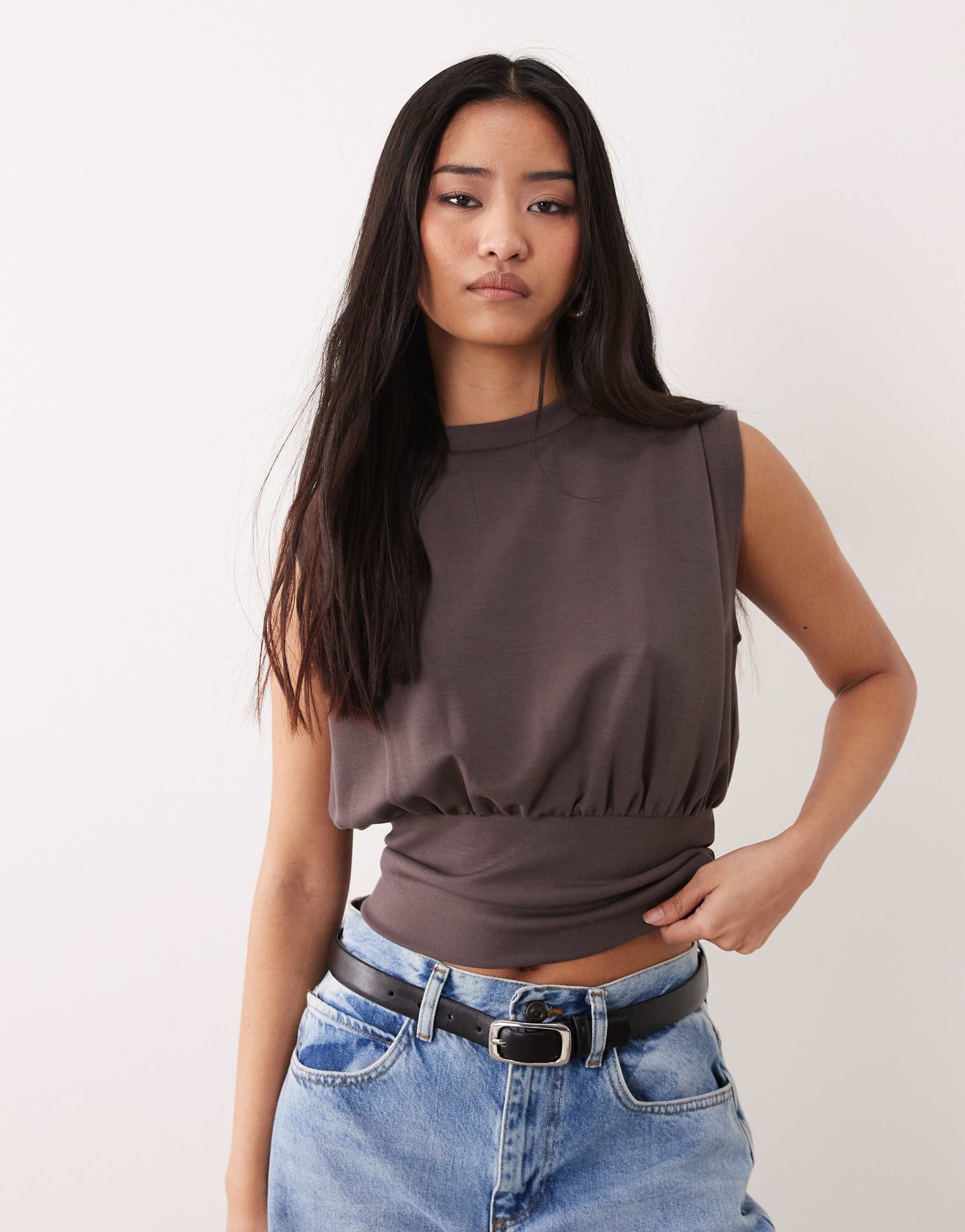 asos design sleeveless modal draped cinched crop top in brown
