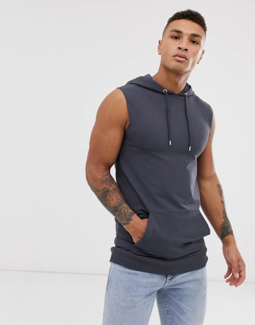 ASOS DESIGN sleeveless muscle hoodie in dark gray | ASOS