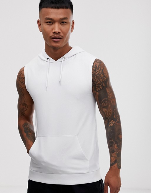 ASOS DESIGN sleeveless muscle hoodie in White | ASOS