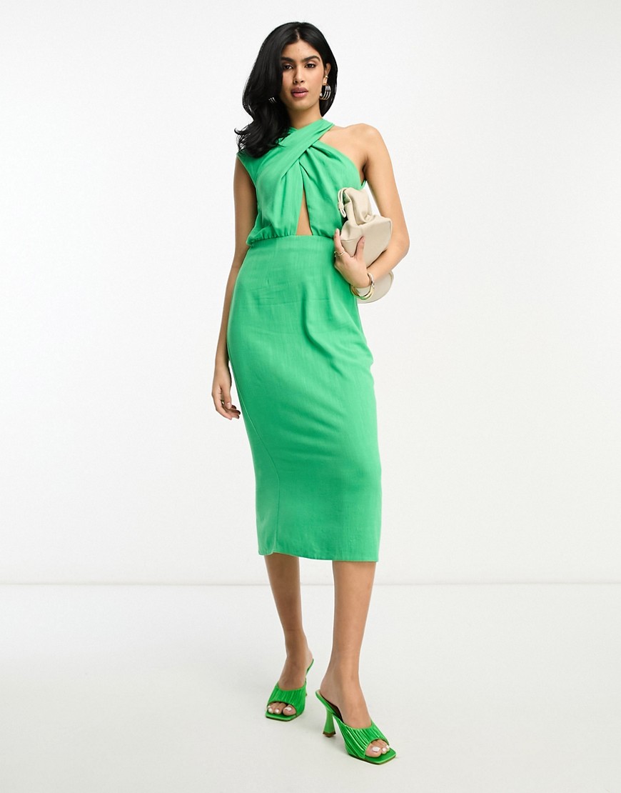ASOS DESIGN sleeveless one shoulder twist neck pencil midi dress in green