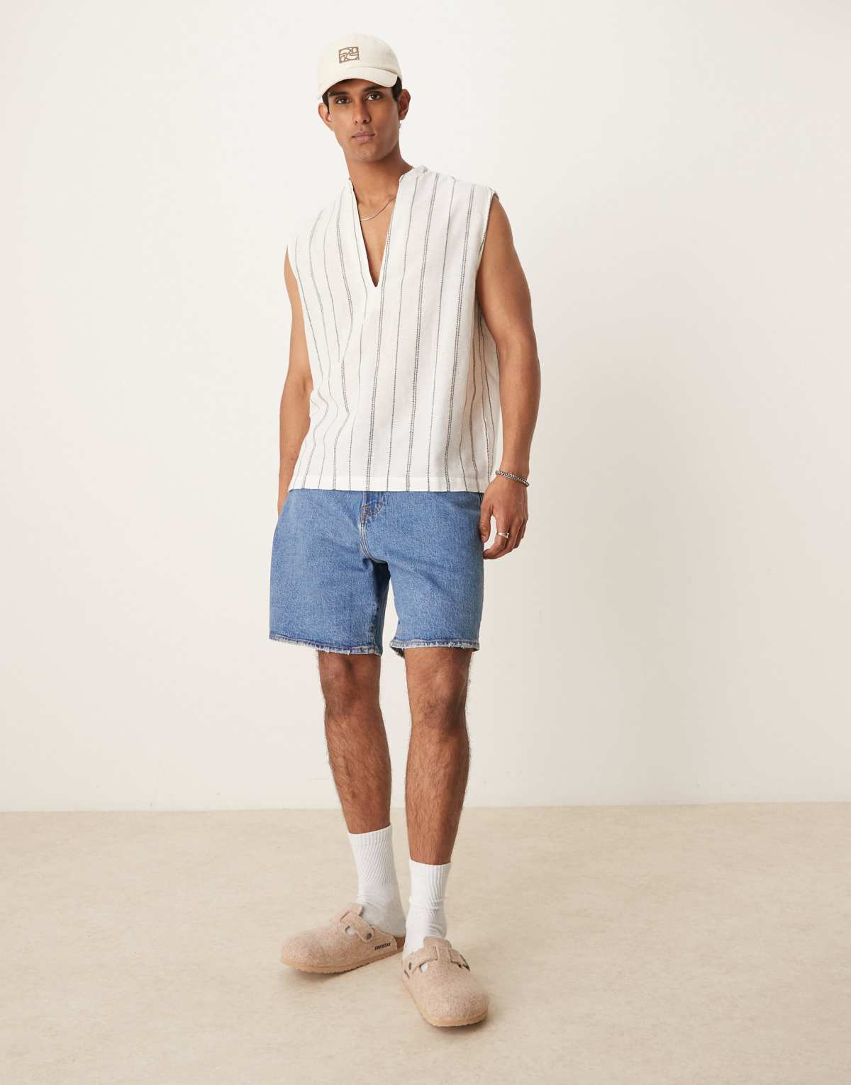 ASOS DESIGN sleeveless overhead texture shirt in green and white stripe