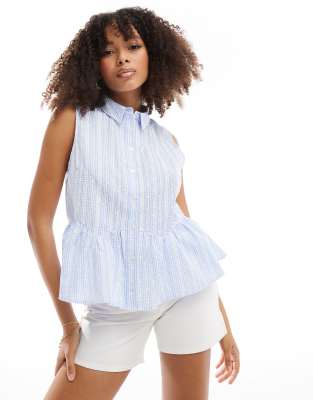 ASOS DESIGN ASOS DESIGN sleeveless peplum shirt in blue broderie