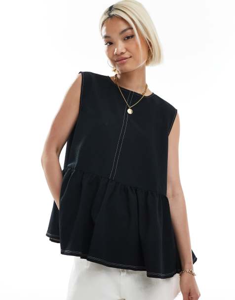 ASOS DESIGN sleeveless peplum top with contrast stitch in black - view 1