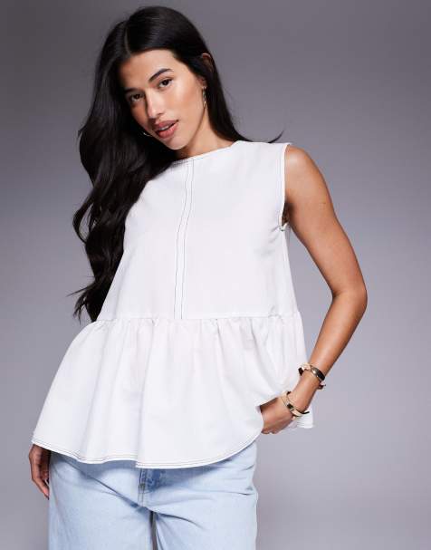 ASOS DESIGN sleeveless peplum top with contrast stitch  in cream - view 1
