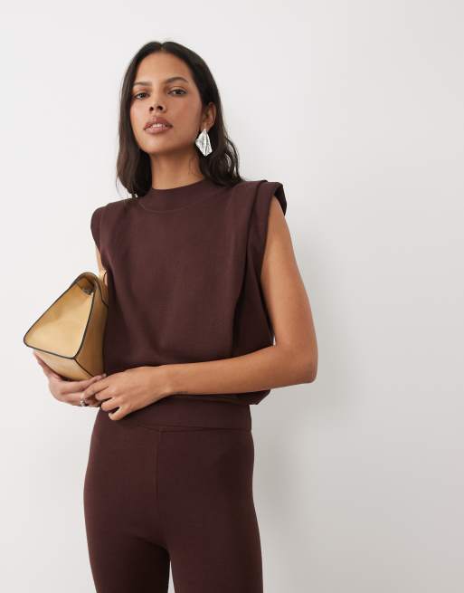 ASOS DESIGN sleeveless pleat tank & knitted leggings set in chocolate, 3 of 3