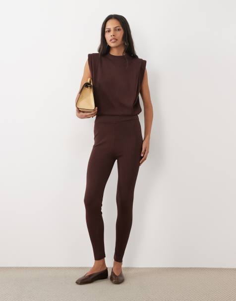 ASOS DESIGN sleeveless pleat tank & knitted legging co-ord in chocolate - view 1
