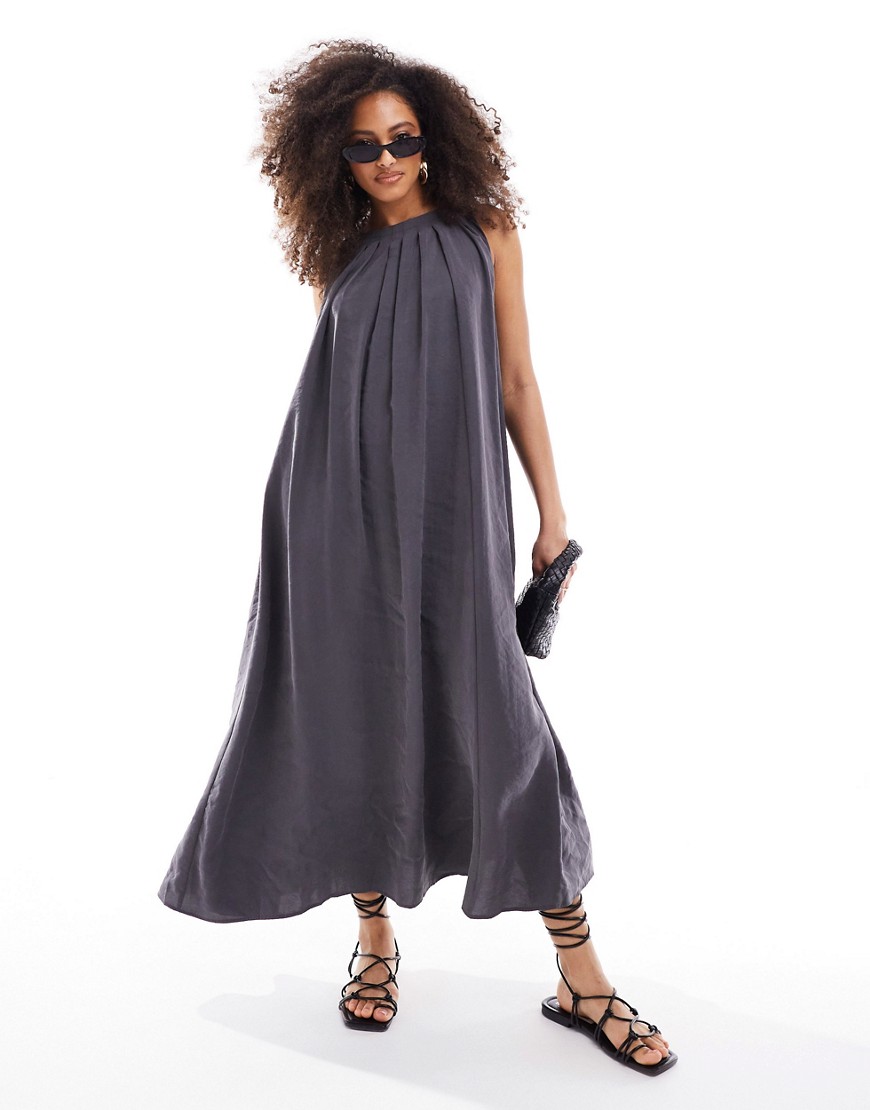 Asos Design Sleeveless Pleated Oversized Maxi Dress In Charcoal-gray