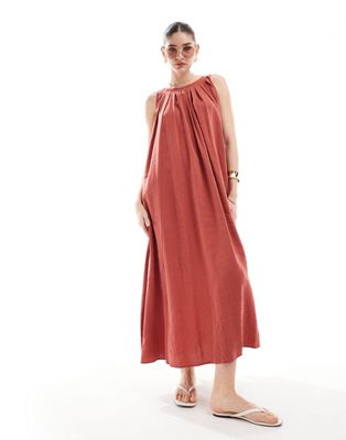 Asos Design Sleeveless Pleated Oversized Maxi Dress In Rust-orange