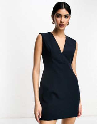 ASOS DESIGN sleeveless plunge neck mini dress with curved waist seam in navy | ASOS