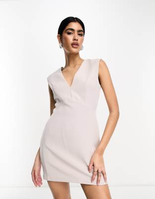 Asos Design Sleeveless Plunge Neck Mini Dress With Curved Waist Seam In Stone-neutral In Neutral
