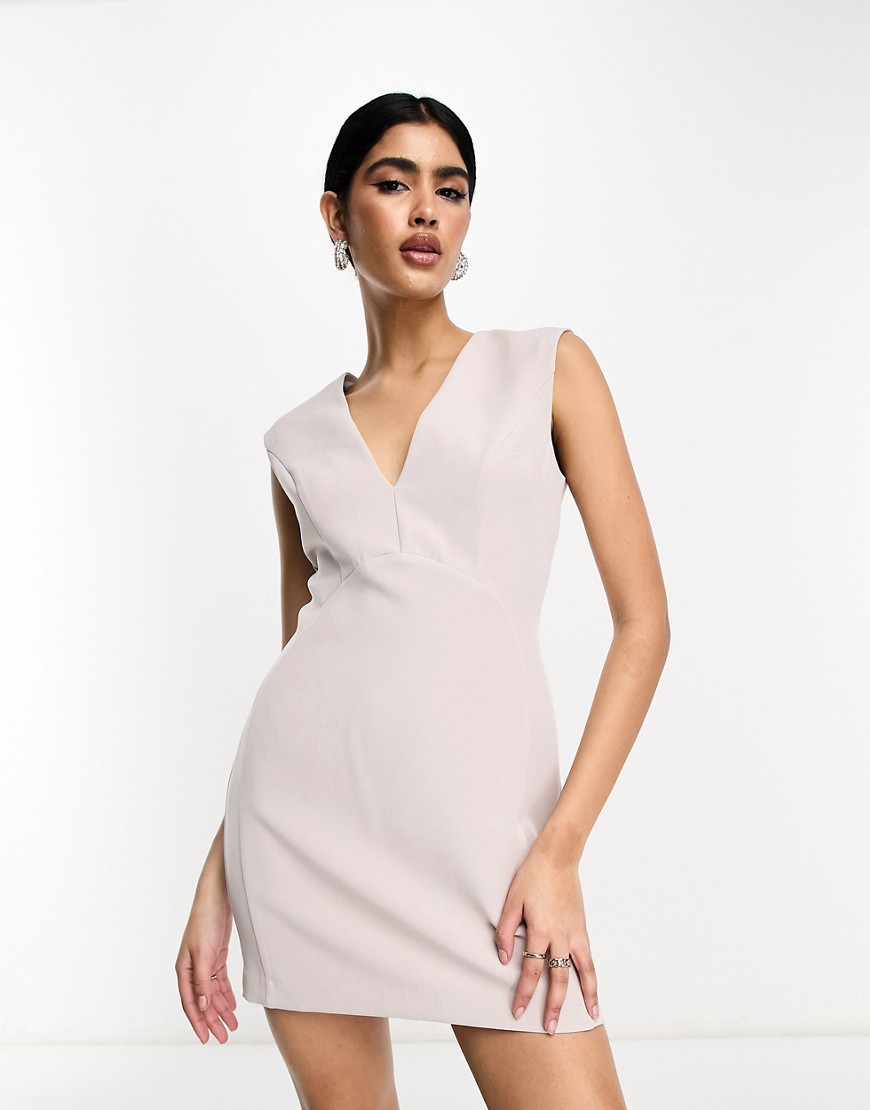 Asos Design Sleeveless Plunge Neck Mini Dress With Curved Waist Seam In Stone-neutral