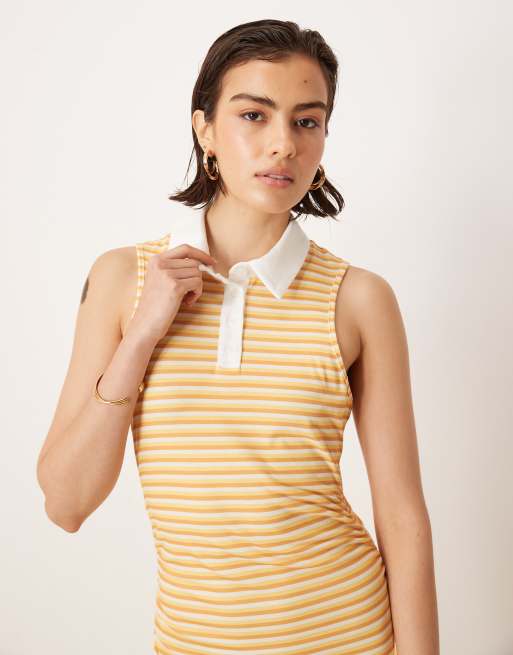 ASOS DESIGN sleeveless polo ruched waist midi dress in yellow stripe, 2 of 4