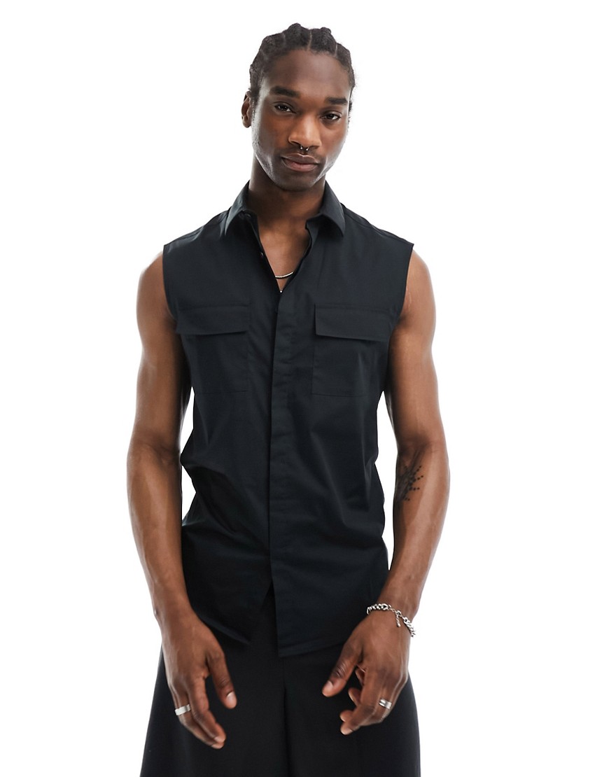ASOS DESIGN sleeveless poplin shirt with pockets in black