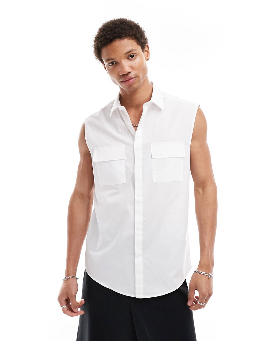 ASOS DESIGN sleeveless poplin shirt with pockets in white