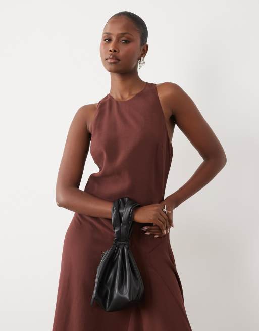 ASOS DESIGN sleeveless racer neck handkerchief hem maxi dress in brown, 2 of 4