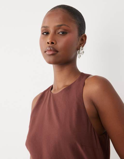 ASOS DESIGN sleeveless racer neck handkerchief hem maxi dress in brown, 3 of 4