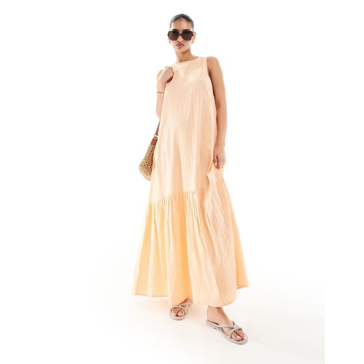 ASOS DESIGN sleeveless racer neck smock maxi dress with tiered skirt in  peach fuzz