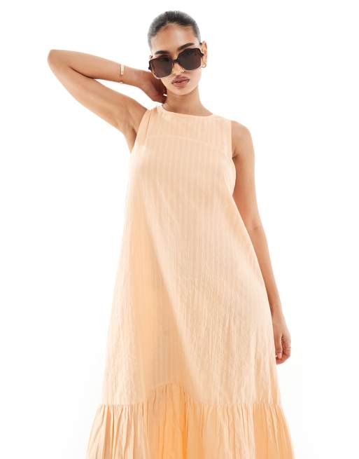 ASOS DESIGN sleeveless racer neck smock maxi dress with tiered skirt in  peach fuzz