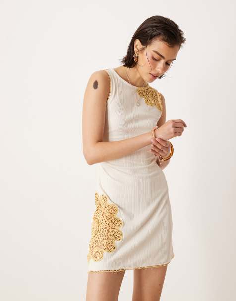 ASOS DESIGN sleeveless rib crochet panel mini dress in cream - view 1