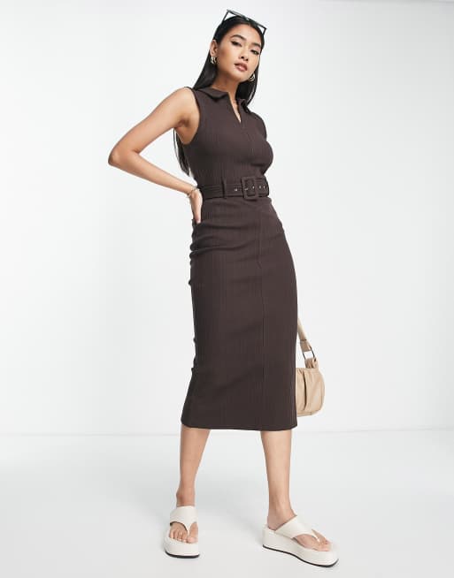 Asos Design Sleeveless Rib Midi Dress With Belt And Zip Detail In