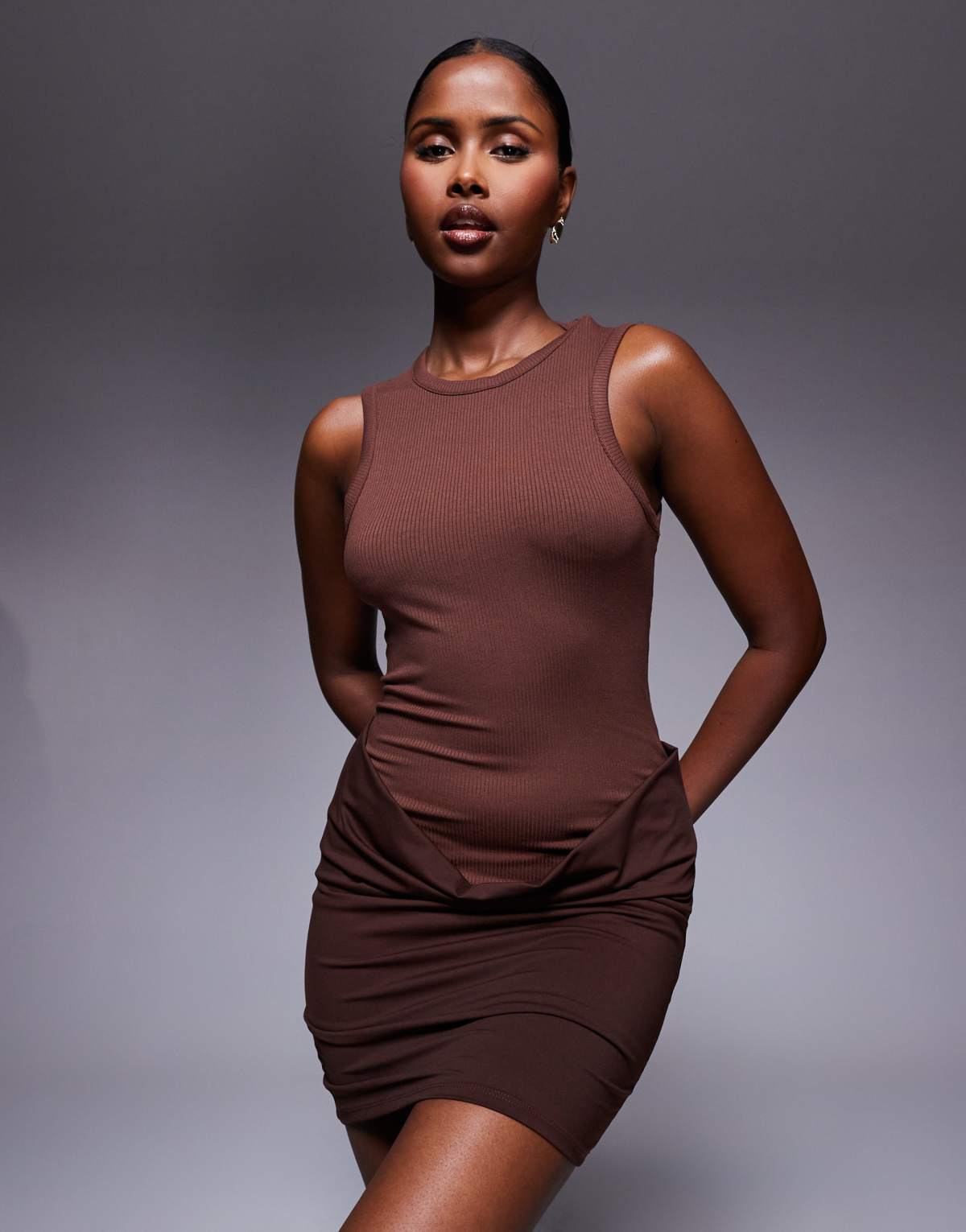 ASOS DESIGN sleeveless rib with bodycon skirt mini dress in chocolate
