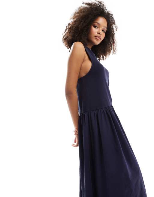 ASOS DESIGN sleeveless ribbed bodice with full hem maxi dress in washed navy ASOS