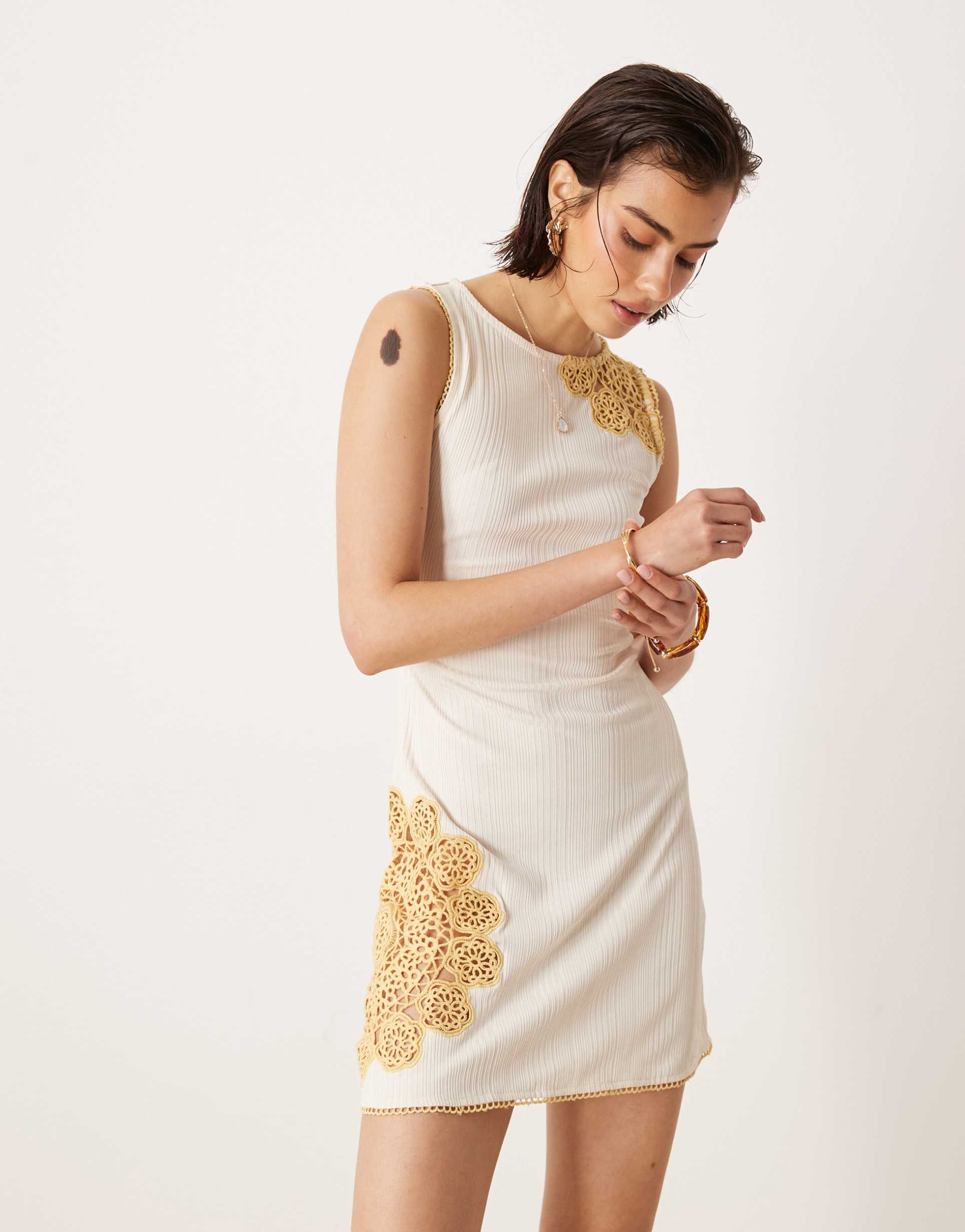 asos design sleeveless ribbed crochet panel mini dress in cream