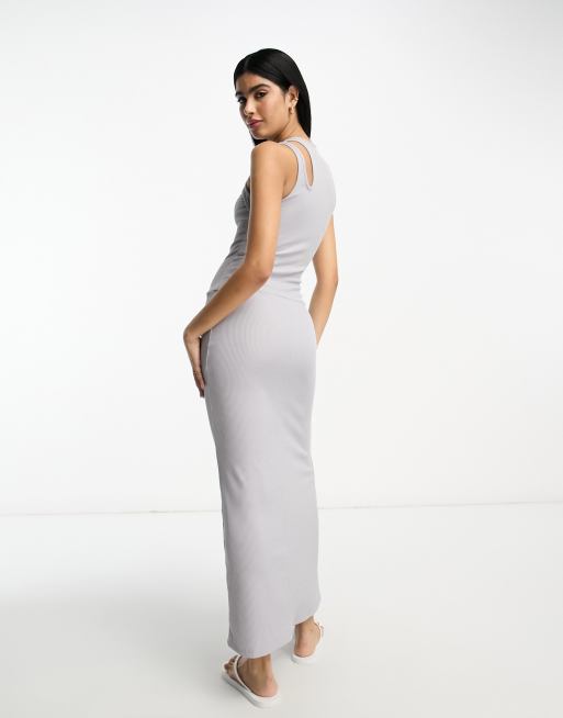 ASOS DESIGN sleeveless ribbed midi dress with cut out detail in washed grey