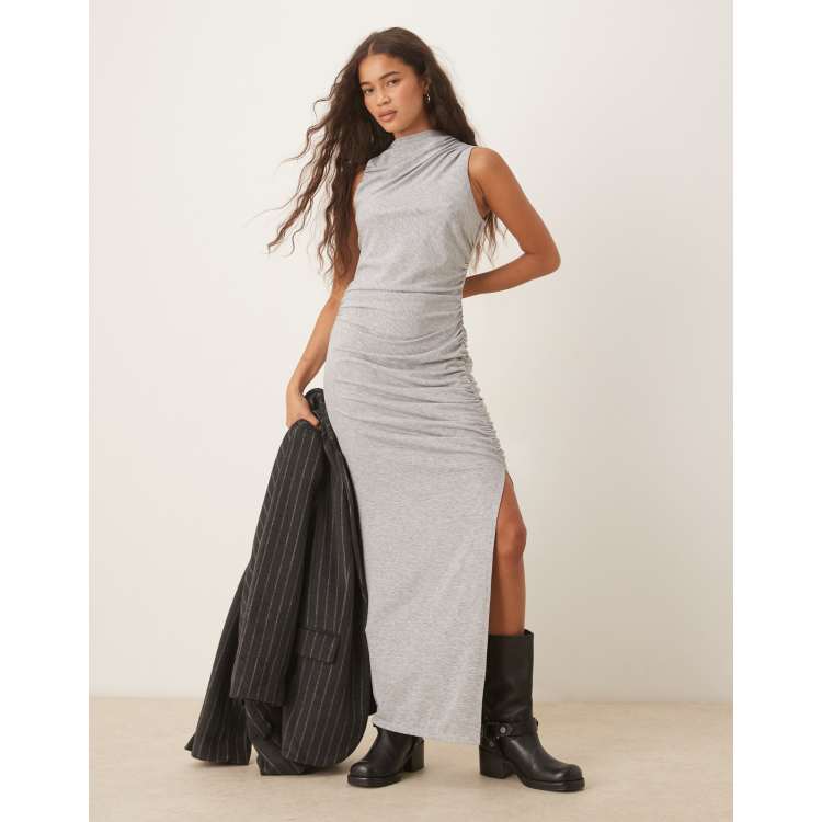 ASOS DESIGN sleeveless ruched drape midi dress in gray