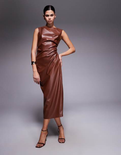 ASOS DESIGN sleeveless ruched leather look midi dress in tan - BROWN - view 1