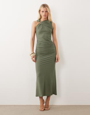Asos Design Sleeveless Ruched Midi Dress With Trim Detail In Animal Print