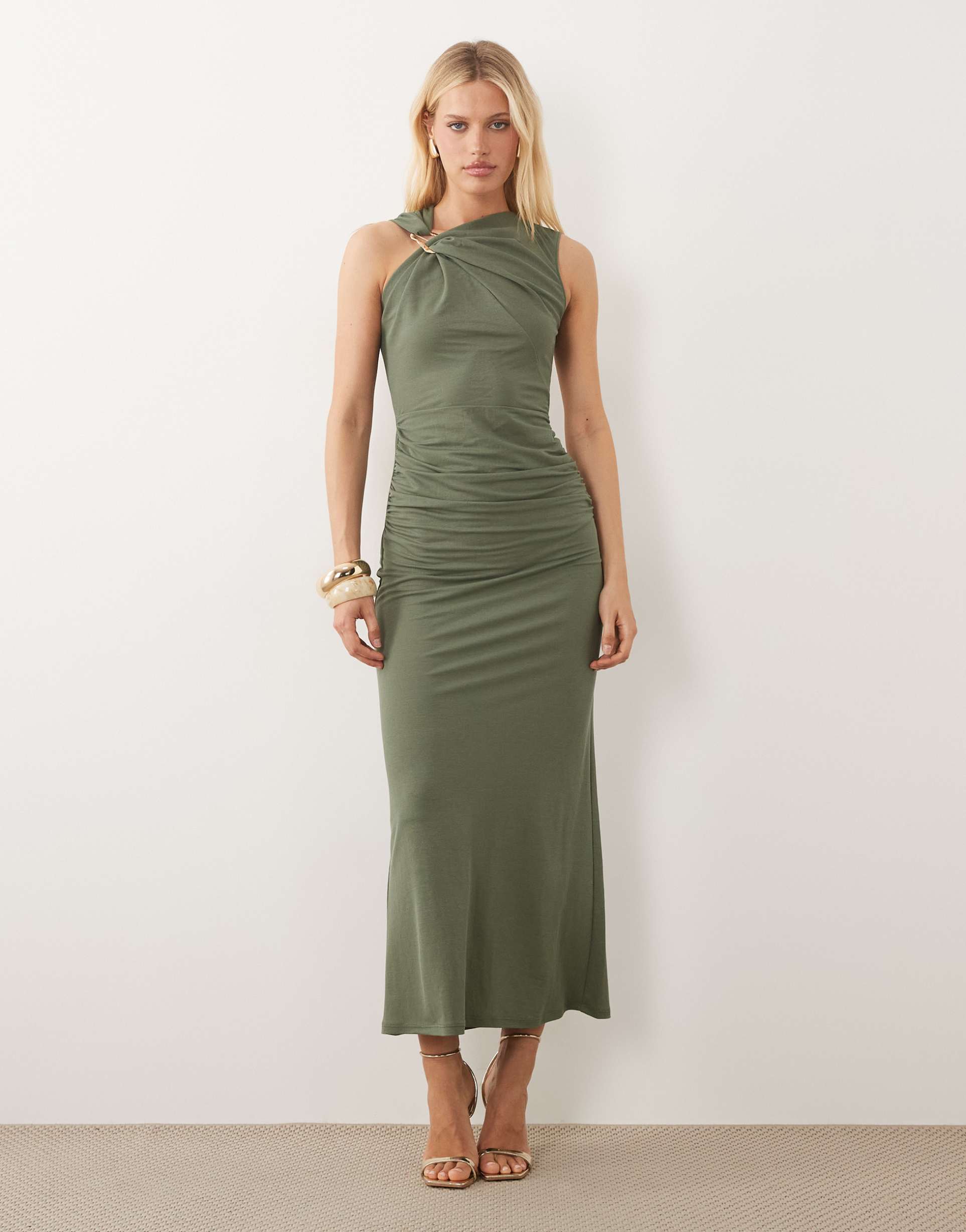 asos design sleeveless ruched midi dress with trim detail in khaki