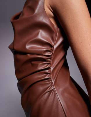 Asos Design Sleeveless Ruched Midi Pu Midi Dress In Brown