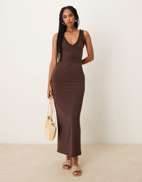 ASOS DESIGN sleeveless ruched neckline midi dress in chocolate - view 1