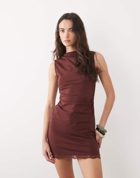 ASOS DESIGN sleeveless ruched waist mini dress with lace hem in chocolate - view 1