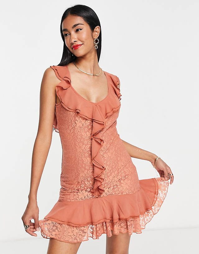 ASOS DESIGN - sleeveless ruffle detail lace mini dress in burnt orange
