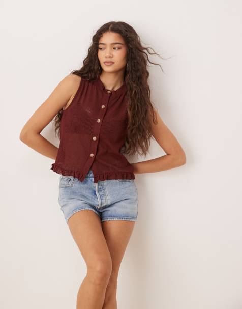 ASOS DESIGN sleeveless ruffle hem open stitch cardigan top in burgundy - view 1
