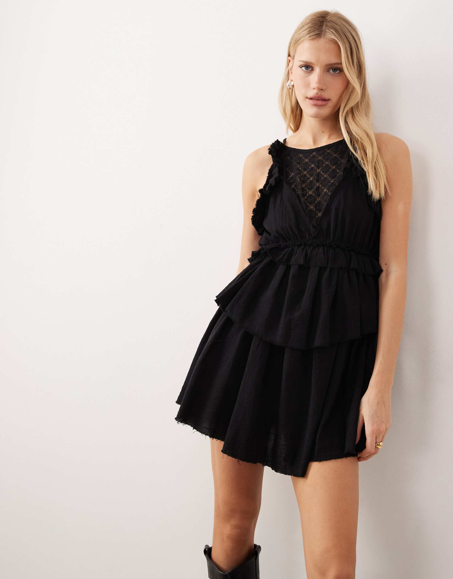 asos design sleeveless ruffle mini dress in black